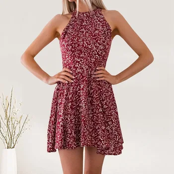 

2019 New Real Polyester Lanon A-line Sleeveless Vestidos Plus Size Summer Explosion Sexy Halter Backless Print Dress