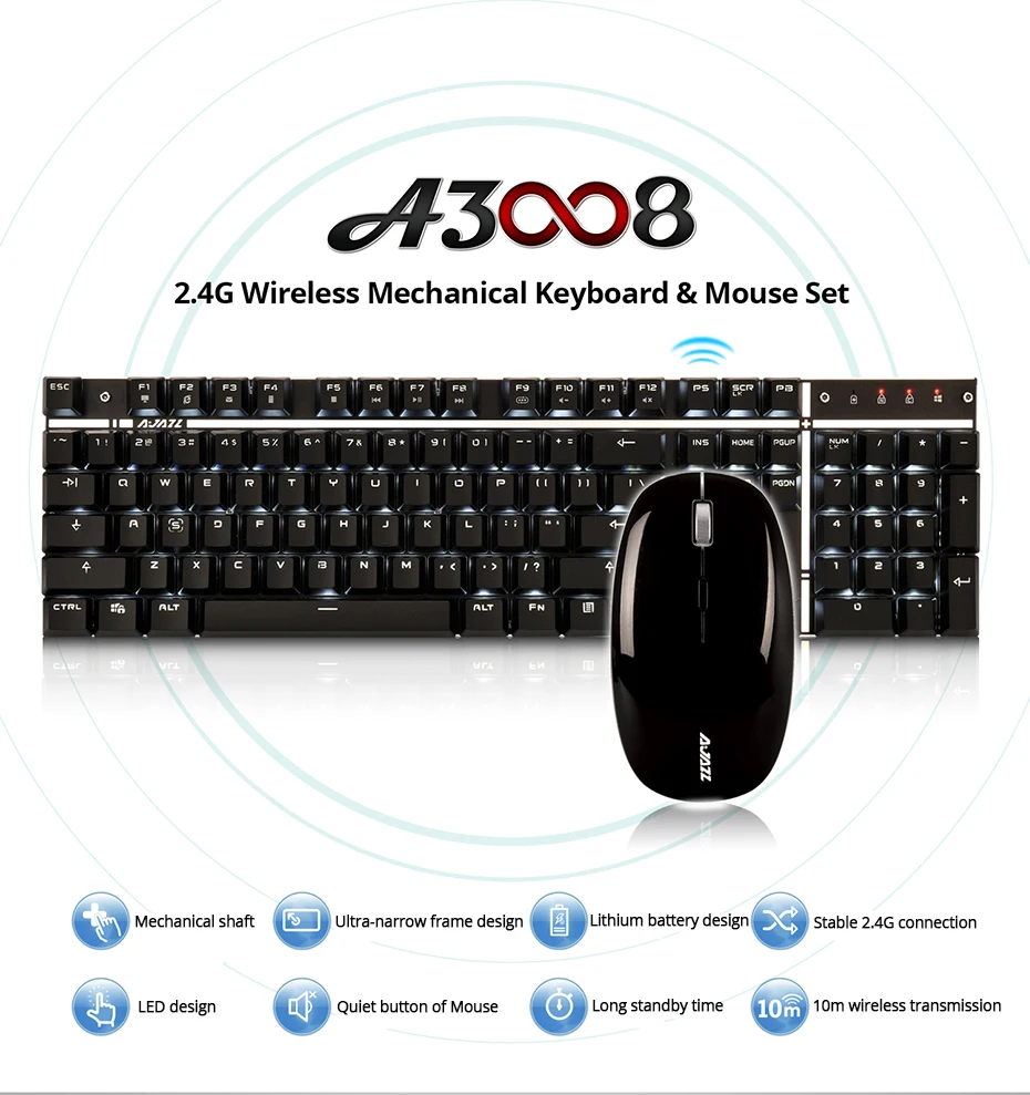 Ajazz A3008 2.4G Wireless Mechanical Keyboard & Mouse Combos White Backlit Blue Switches Keyboard 1600DPI Mouse  (1)
