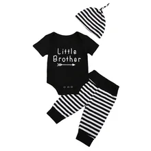 Infant Newborn Baby Boy Clothes Black Short Sleeve Letter Top Bodysuit Stripe Pants Leggings Hat Outfits Clothes 0-18M 3pcs Set