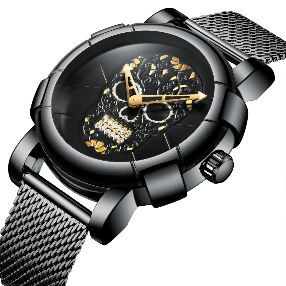 

2019 Steampunk Skull Watch Men Quartz Analog Clock Crystal Carved Dial Black Mesh Strap Fashion Mens Watches Top Brand Luxury