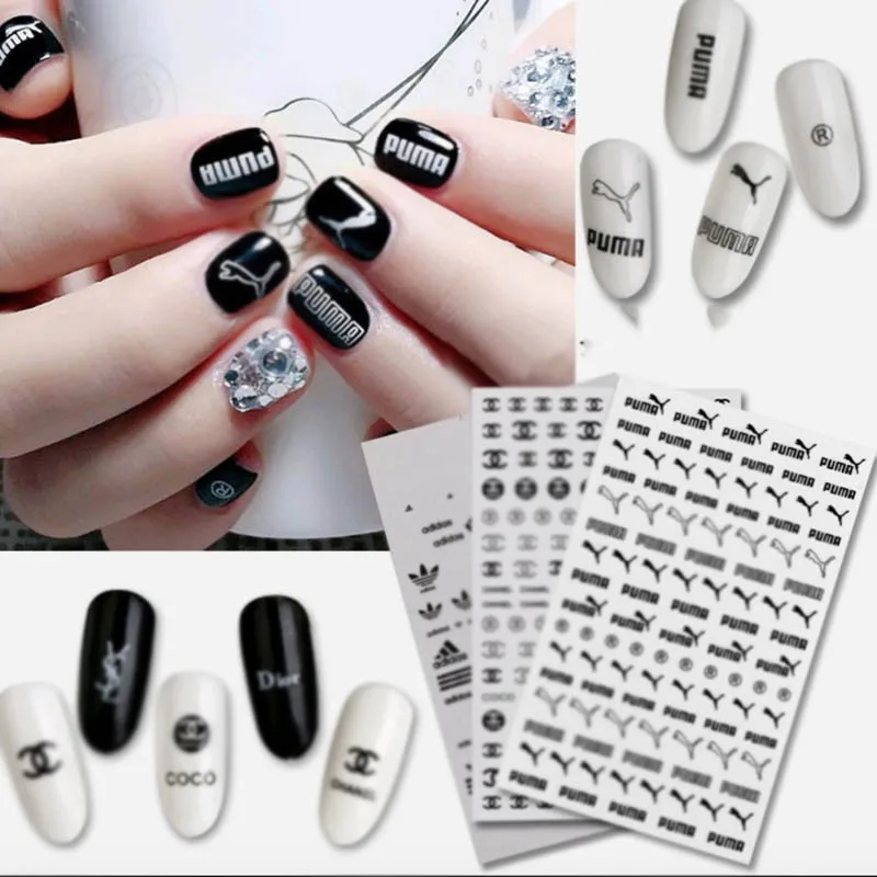 

5 Sheet Black White Gold Silver logo 3d nail sticker Self-adhesive DIY Sticker Decals Tips Sport Logo Manicure Nail Art Decals