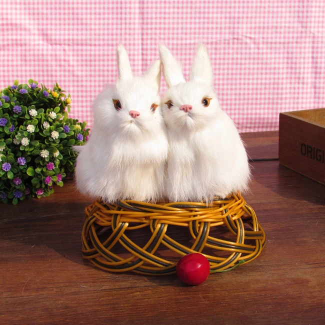 13x8cm simulation rabbit ,plastic& furs two rabbits with one basket
