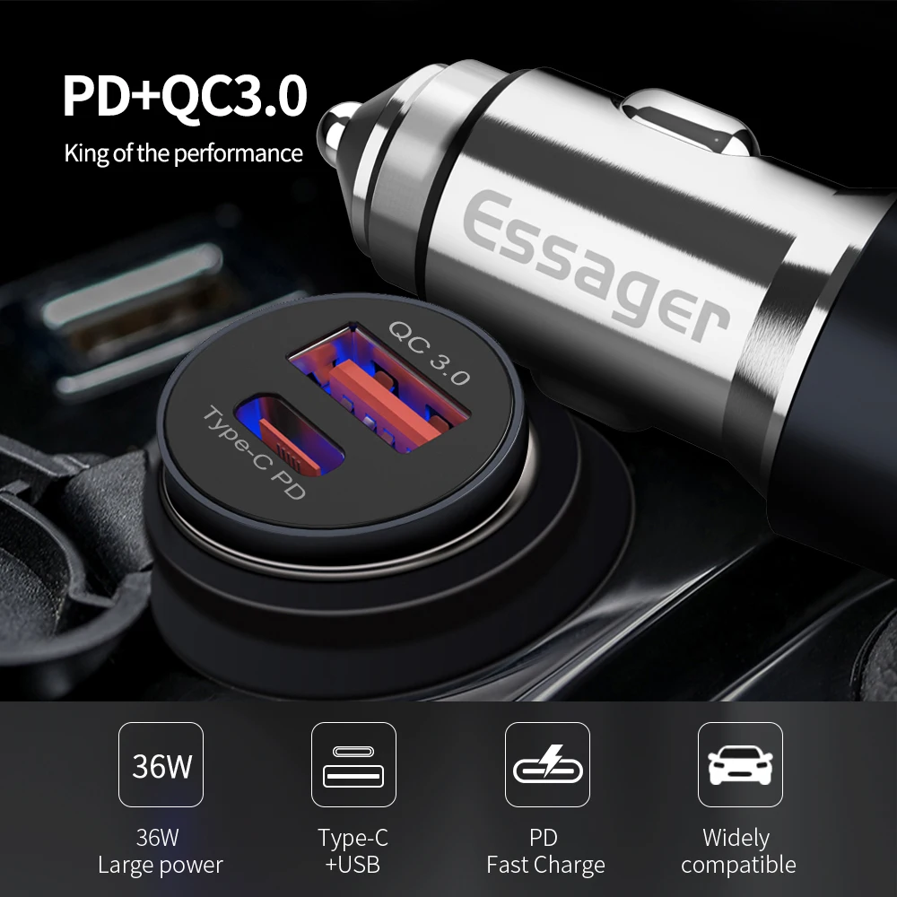 Essager 36 W PD + سريعة تهمة 3.0 QC 3.0 سيارة شاحن آيفون Xs ماكس Xiaomi سيارة شحن شاحن للهاتف في سيارة USB PD شاحن