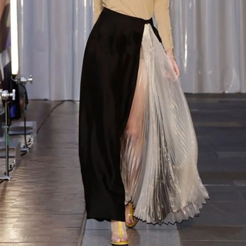 

Johnature Pleated Mesh Empire Transparent Skirts Summer New Streetwear Style 2019 patchwork Ankle-length Women Long Skirts