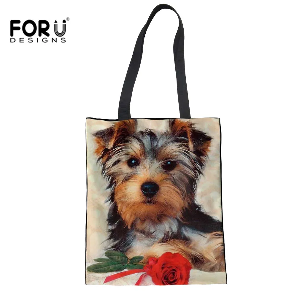 

FORUDESIGNS YorkshireTerrier Printing Foldable Shopping Bag Eco Reusable Shopper Bag For Women Floral Pattern Handbag Sac A Main