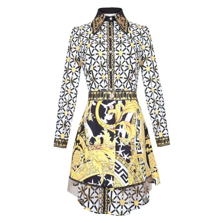 

New styles for women's clothing in the summer of 2019 Long sleeve beaded lapel Long shirt Fringe skirt Vintage print suit