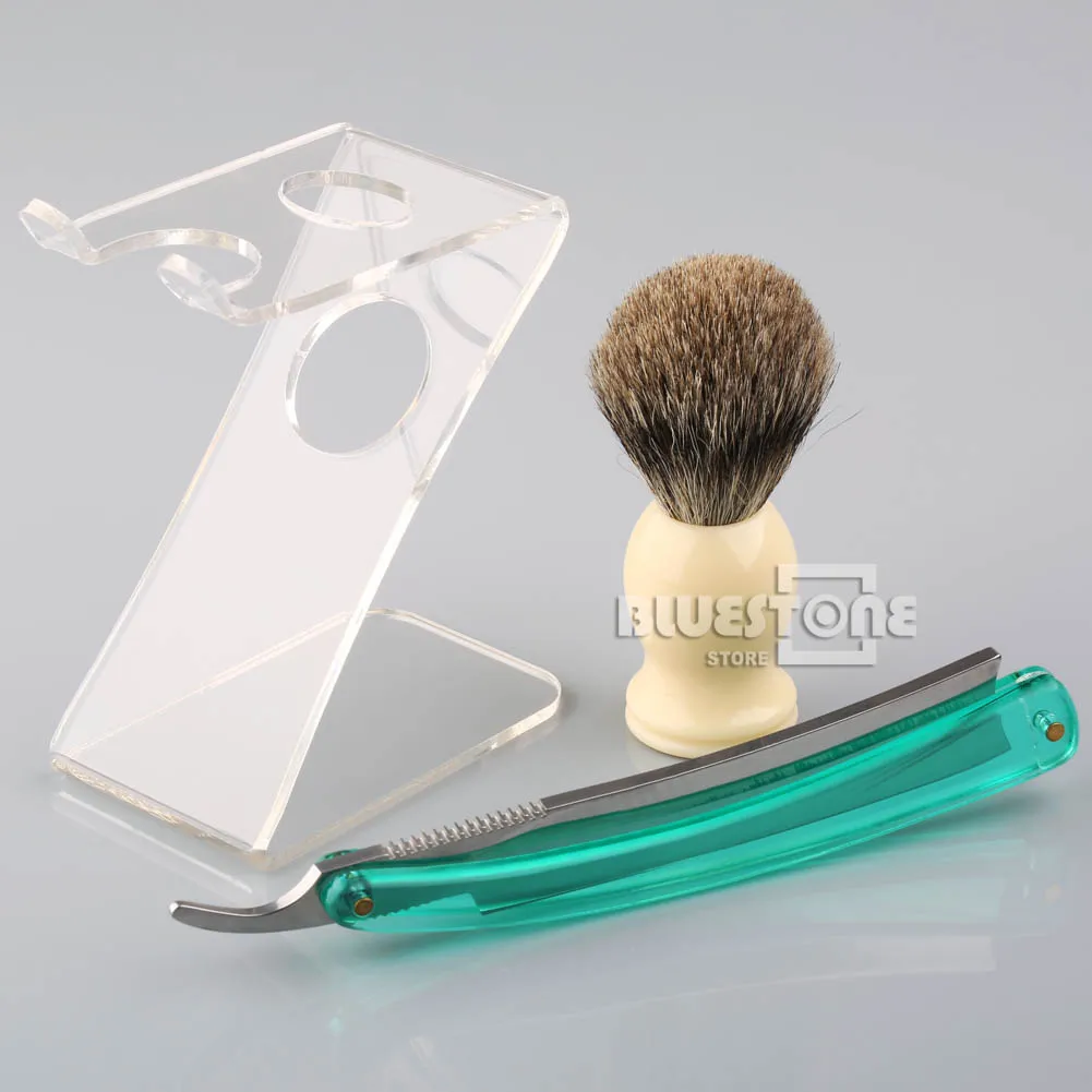 

Men's Badger Hair Brush Acrylic Handle Folding Shave Straight Knife Z Stand Brush Holder Set