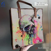 Книги по искусству рука рисунок граффити мешок Сумки сумки Для женщин сумки из натуральной полное зерно кожа Сумка Живопись печати Красочные черепа панк