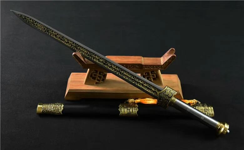Высококачественный Китайский Меч Han jian высокий Марганец Сталь Черный Позолоченный клинок металлическая ручка черное дерево оболочка