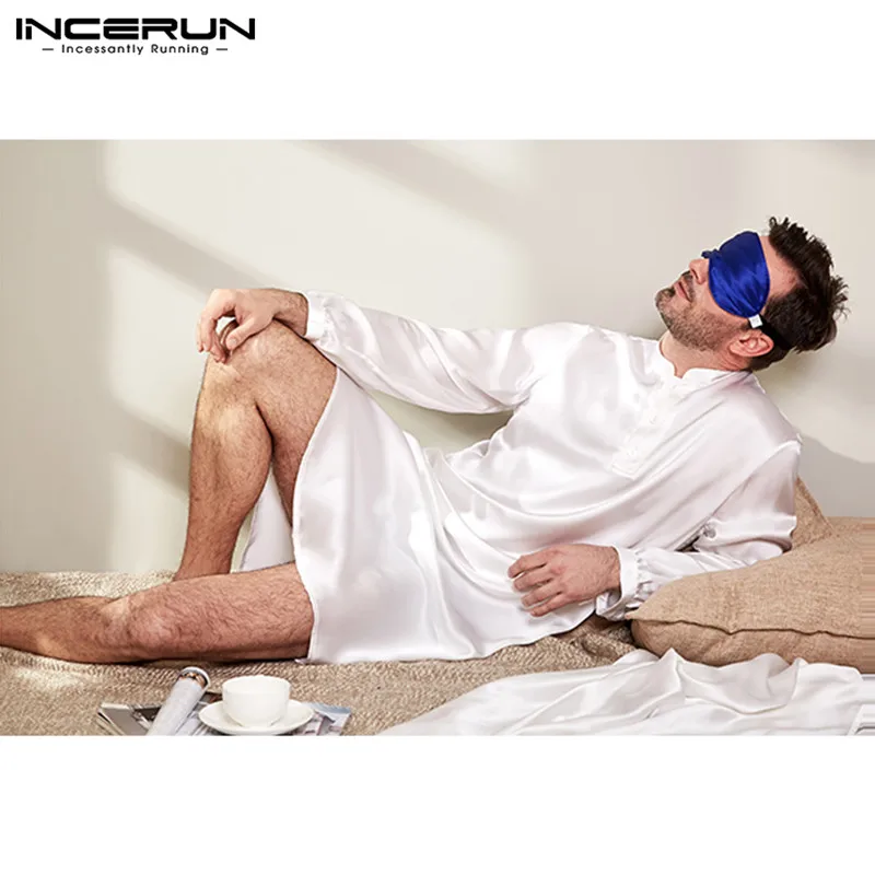 INCERUN Silk Satin Robe Для мужчин с длинным рукавом мягкий халат Домашняя одежда, ночное белье для дома пижамы Твердые свободные Повседневное Для