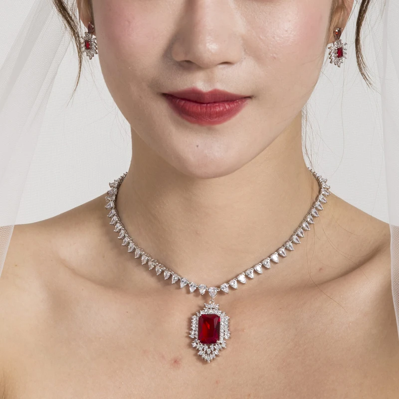 

WEIMANJINGDIAN Red / Blue Cubic Zirconia CZ Crystal Wedding Bridal Necklace and Earring Jewelry Set in Rhodium Silver Color