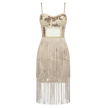 

Newest Fashion V Neck Sleeveless Tassel Sequined Women Dress Solid Elegant Fringe Bandage Dresses Robe Party Vestidos Gown