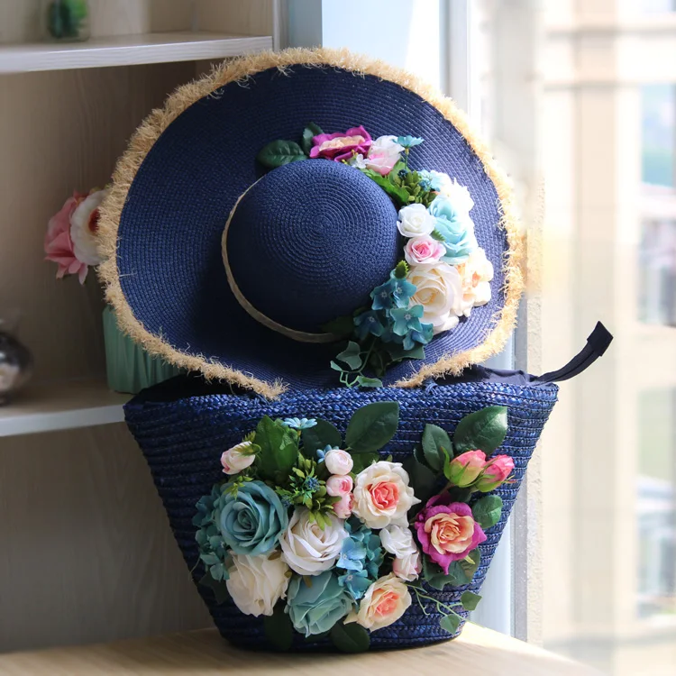 Straw Bags Shoulder Heavy Blue Bag and Hat Set Flowers Tote Travel For Beach Pearsonalized Style Plus Size Women Bag Straw Bags Shoulder Heavy Blue Bag and Hat Set Flowers Tote Travel For Beach Pearsonalized Style Plus Size Women Bag