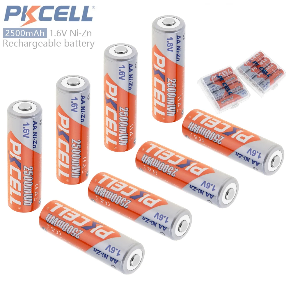 8pcs PKCELL 2500mWh 1.6V NiZn Ni Zn AA Rechargeable Battery with Over ...