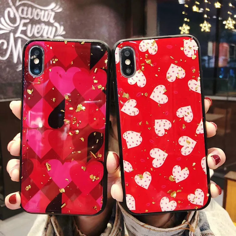 

Fashion Gold Glitter Phone Case For iPhone 6s 7 8plus X Red Cute Love Heart Soft Back Cover for iphoneXS XR XSMAX