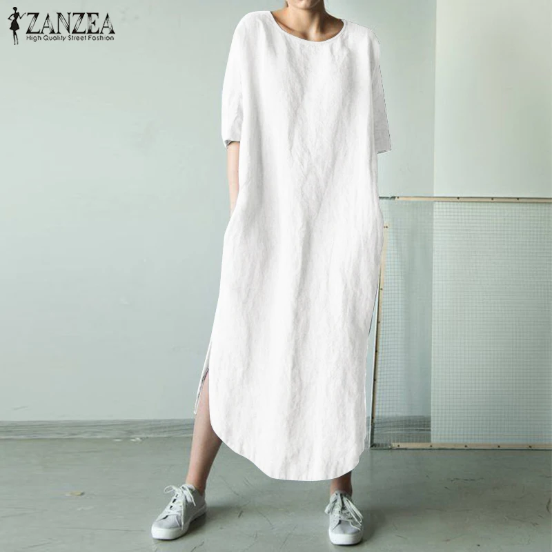 

Summer Sundress 2019 ZANZEA Women O Neck Short Sleeve Solid Cotton Linen Dress Split Long Vestido Femininas Casual Shirt Dress