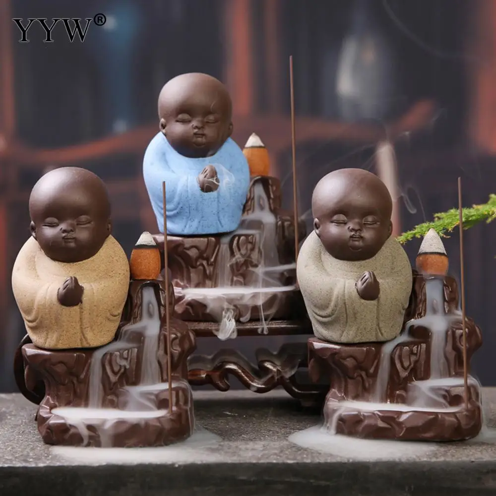 

Cute Monk Incense Burner Backflow Ceramic Incense Stick Holder Waterfall Censer Small Buddha Aroma Incienso Burner Home Decor