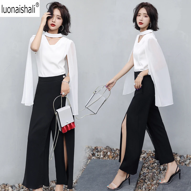 

Top Quality New Fashion Pant Suit 2018 Spring Summer Women Cape Cloak Top+Wide Leg Slit Pant Trousers Set 2 Pieces Clothes Suits