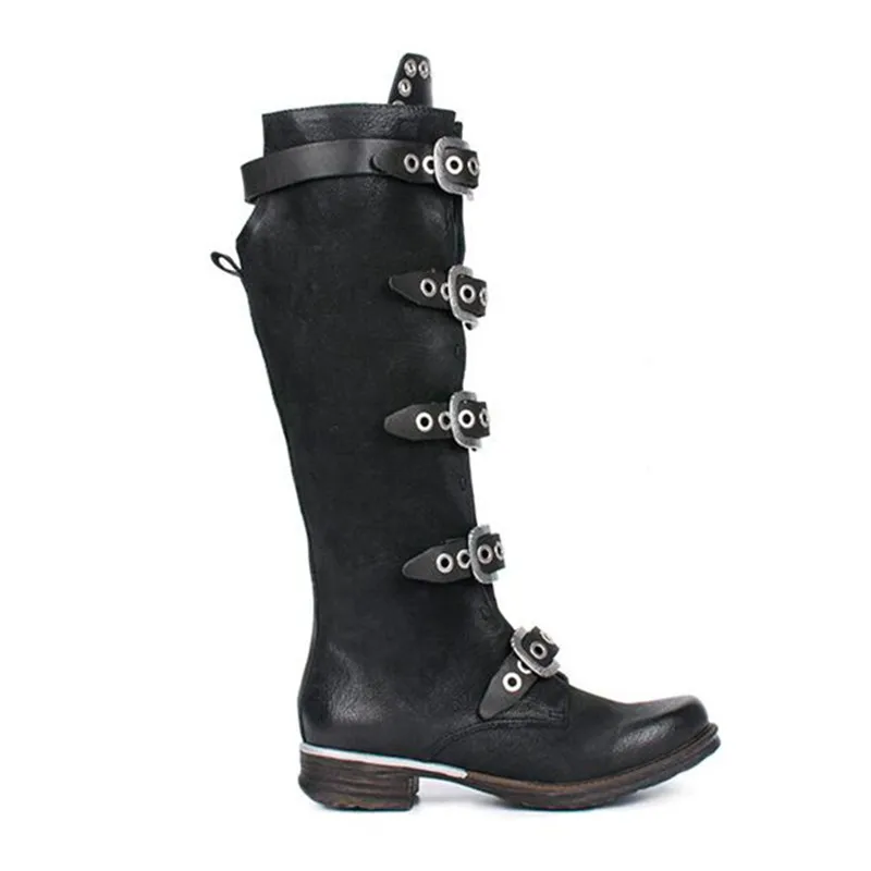 Perfect Jady Rose Punk Style Black Women Knee High Boots Genuine Leather Belt Straps High Boots Female Platform Rubber Flat Riding Boot 11
