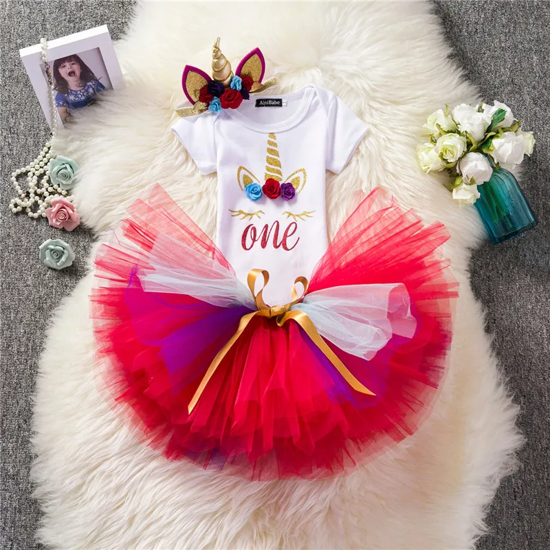 Unicorn Tutu Dress Headwear Girl Birthday Outfits Short Sleeve Dress Princess Flower Costume Christmas New Year Costume Gift