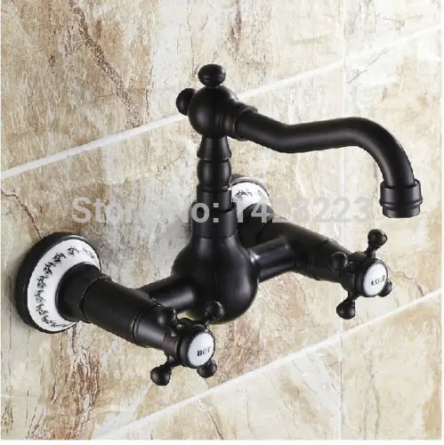 

Oil-Rubbed Bronze Wall Mounted Ceramic Printing Style Hot and Cold Kitchen Sink Faucet Dual Handles Two Hole