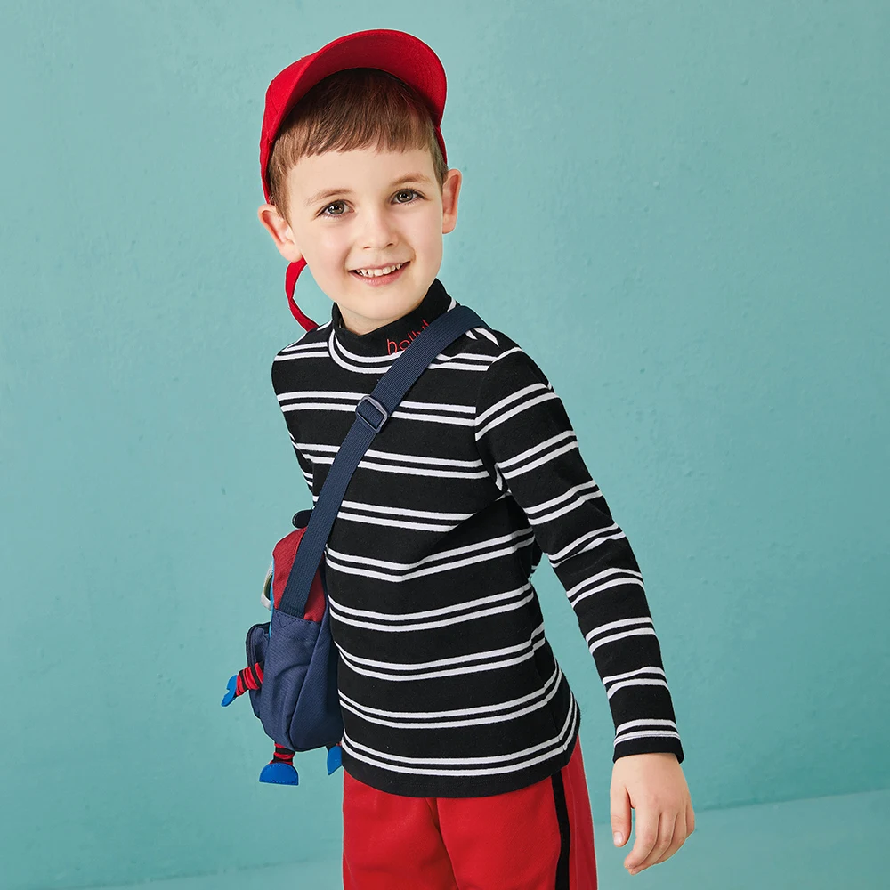 Balabala/зимняя футболка для мальчиков, enfant, свитер с воротником средней длины топы с длинными рукавами для детей ясельного возраста, модные однотонные Топы в полоску