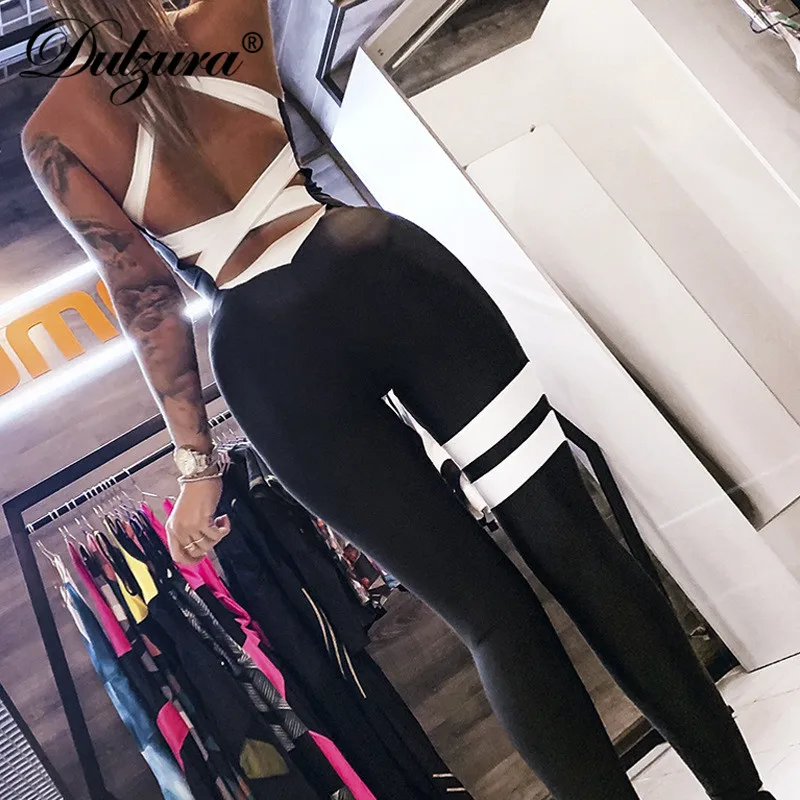 

Dulzura summer women jumpsuit hollow out patchwork backless overalls streetwear festival plus size sprotswear fitness leggings