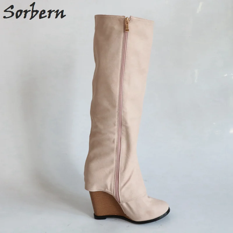 Rond Haute Genou custom Sorbern Talons Color À Couleur Designer Chaussures Chaussons Personnalisée Bout Wedge Femmes Hauts Khaki Hiver Bottes An11zp