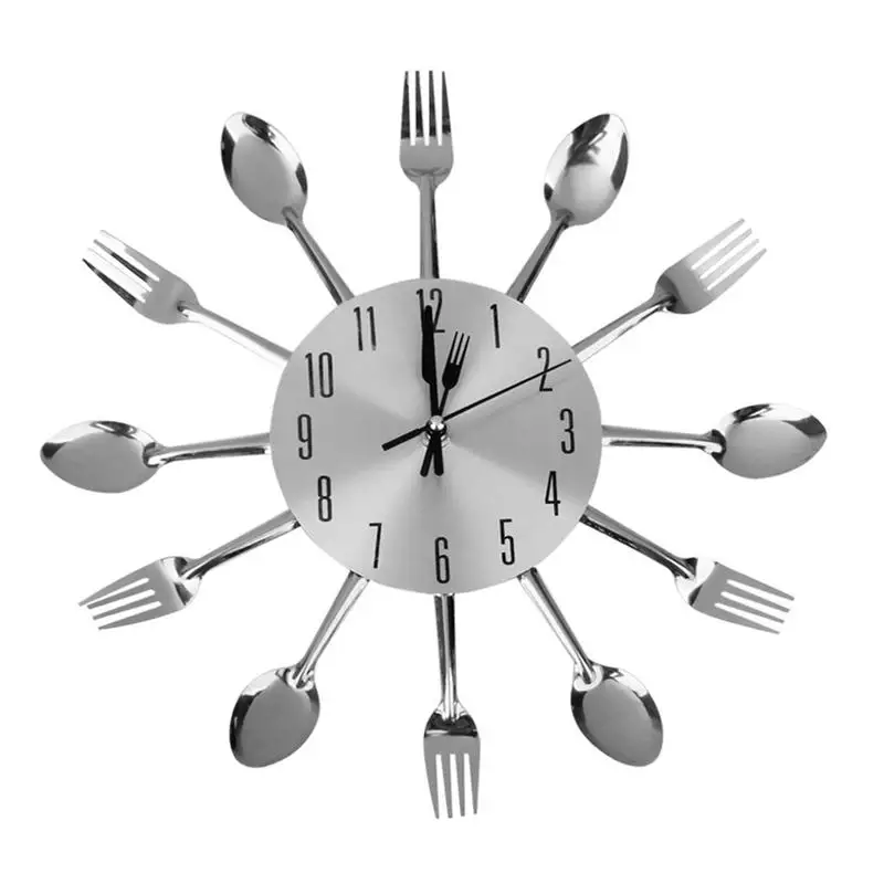 Spoon Fork Wall Clock for Kitchen Dining Room Decoration (Silver)in