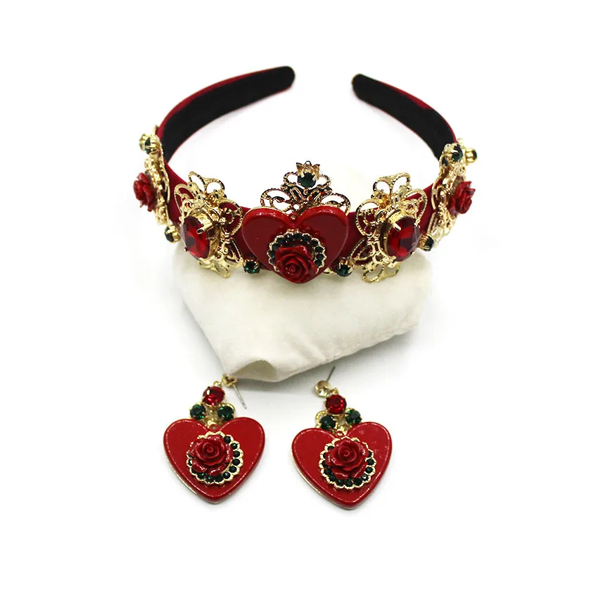 Новая мода Красный цветок сердце корона барокко Пром шоу лента для волос металлические украшения для волос Свадебные тиара аксессуары подарок для женщин вечерние