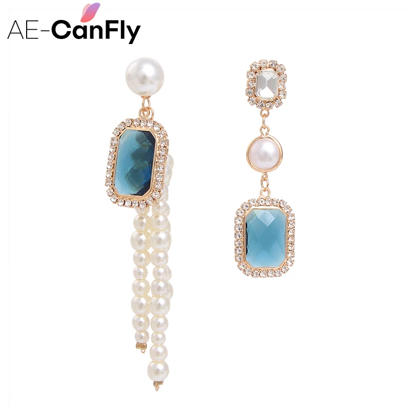

AE-CANFLY Shiny Square Rhinestone Asymmetry Temperament Long Chain Pearl Tassel Drop Pendientes Women Jewelry