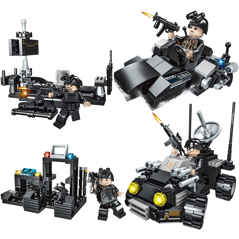 Дешево 8 шт. лот LegoINGs SWAT городской полицейский грузовик строительные блоки наборы корабль вертолет автомобиль кубики для творчества Playmobil игрушки ...