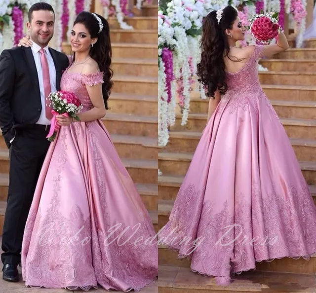 Arabic Saudi Dubai Off Shoulder Wedding Gown Dresses 2017 Turkish Vintage Lace Applique Hot Pink