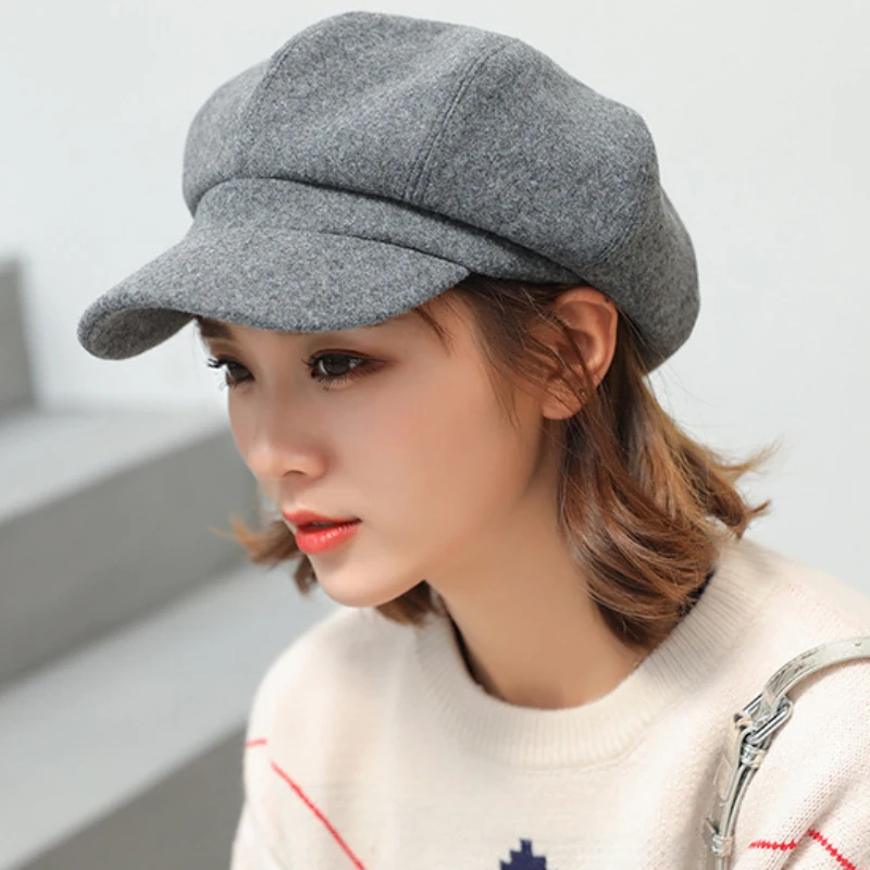 Осенняя зимняя женская шапка, одноцветная газетная теплая шапка, Повседневная Шерстяная кепка, женский берет