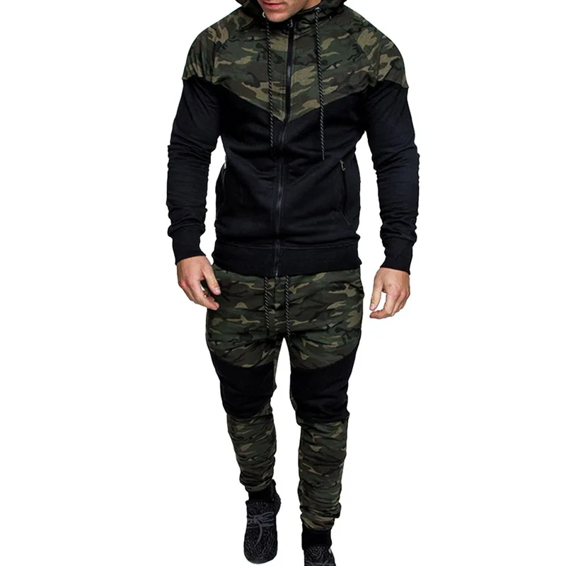 Puimentiua Men Camouflage Print Set Jacket+Pants Male 2Pc Casual Tracksuit Sportwear Hoodies Sweatshirt&Pant Suit Plus Size 3xl