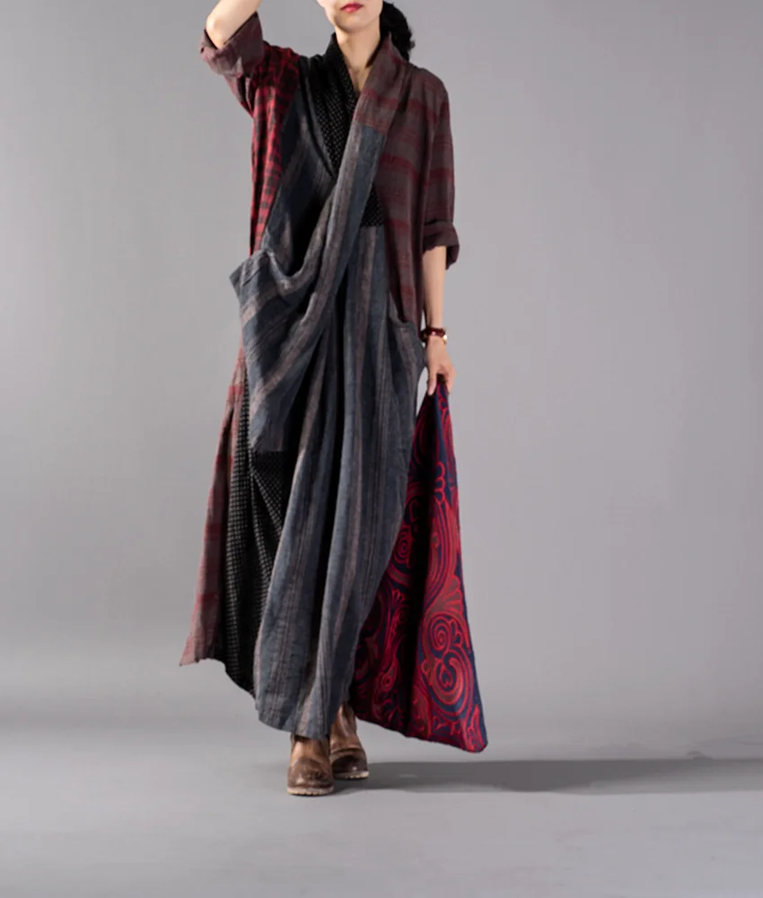 

2019 Autumn New Cotton and Linen Stitching Large Version of Women's Slim Chest Cross Dress
