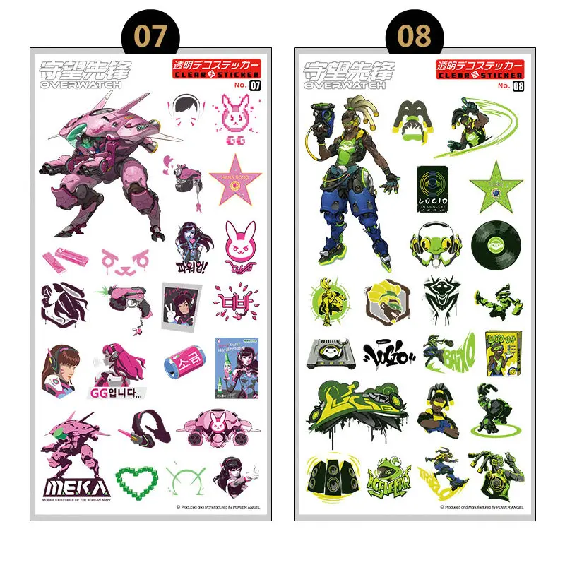 Game OW D.VA LUCIO MERCY Sticker Anime Stickers Waterproof Plastic Transparent Decal Toy Stiker For Phone Laptop Book
