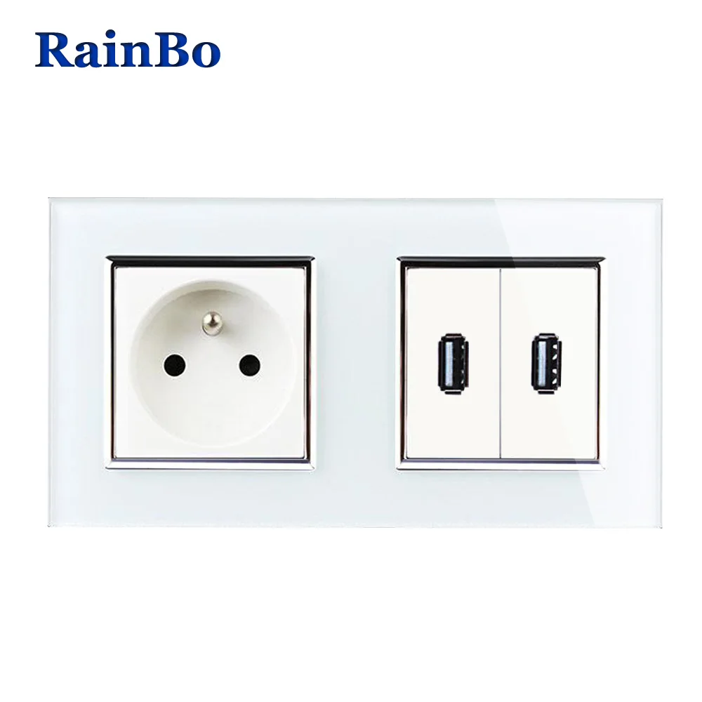 RainBo France Standard Power Socket+USB Socket USB Outlet Glass Panel Wall Power Smart Outlet ...