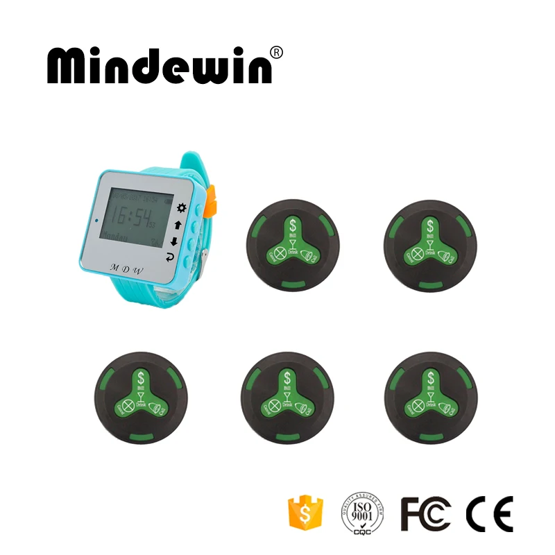 

Mindewin High Quality 1pc M-W-1 Watch Pager Receiver+5pcs M-K-4 Call Button Wireless Pager System For Cafe Shop