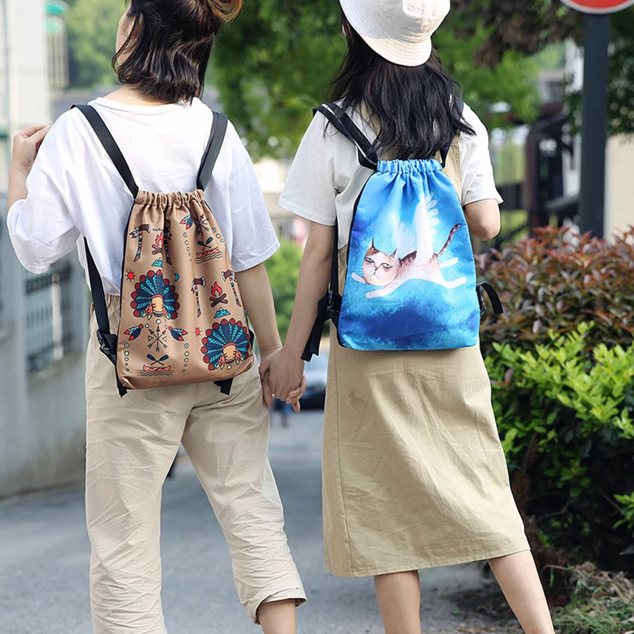 Canvas Backpack Women Travel Small Printing Harajuku Drawstring Bag New Fashion Sznurek Bolsa Korean Style Drawstring Pouch 5Z98