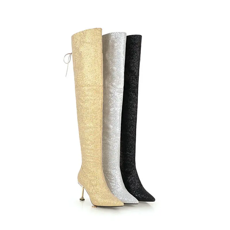 Talons Hauts Mariage argent Bling Hiver Haut Femmes Le Femme Partie Noir or Nemaone Danse Chaud Genou Sur Chaussures De Bottes Brillant Robe Dames 8UBq0vn