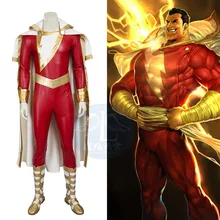Leather customize!Justice League Super Hero Comic Captain Marvel Shazam Bodysuit full set+shoes any size halloween costume
