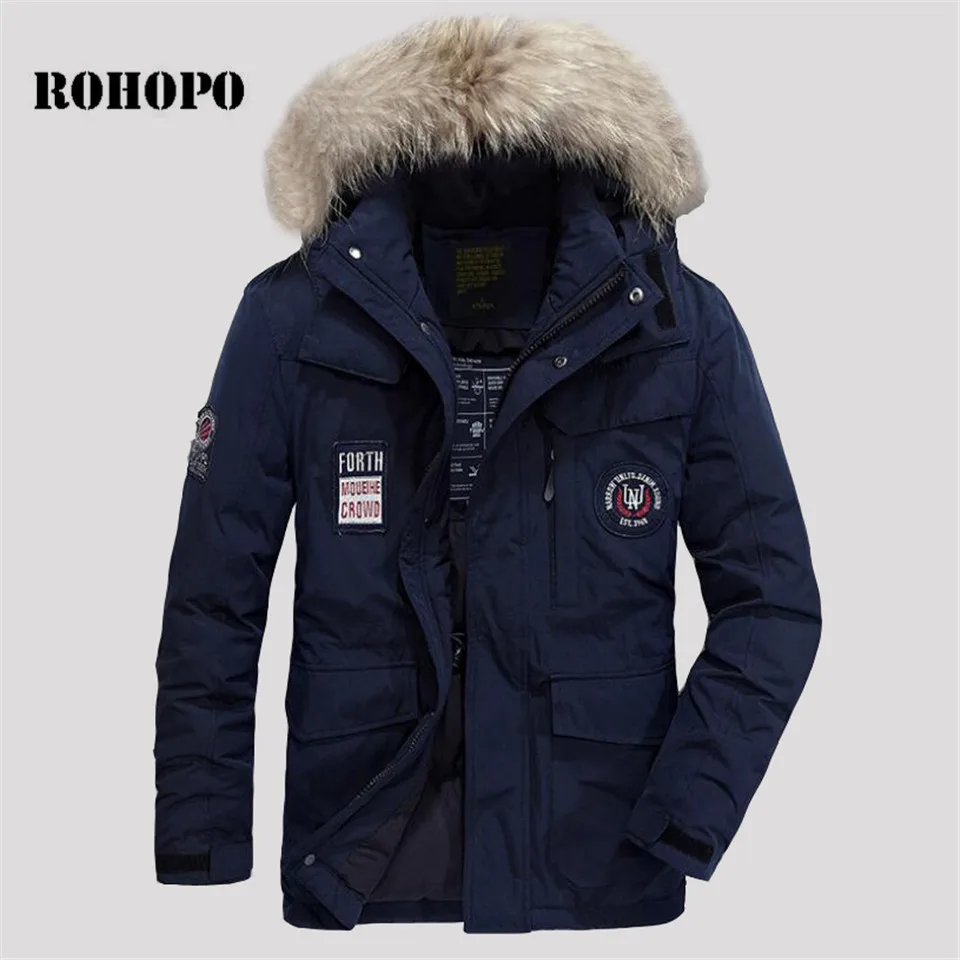 ROHOPO Down Jacket Men Hooded Fur Collar Korea Military Down Jacket coat Men Deep Blue Top