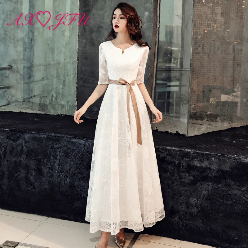 

AXJFU princess white flower lace long evening dress party vintage o neck champagne half sleeve bow beach white evening dress
