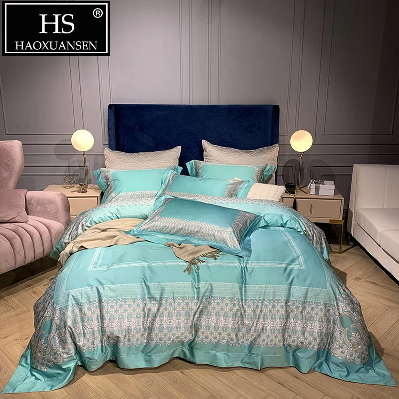 

1000 Thread Count Green Lace Pattern Digital Print 4pcs Bedding Set 100% Cotton Adult Bed Linen Set Queen King Size Double Sheet