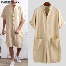 INCERUN ретро мужские комбинезоны свободный спортивный костюм хлопок Половина рукава Карманы винтажная Мужская Рабочая одежда широкие брюки мужские комбинезоны
