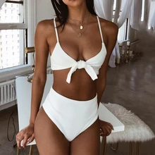 Fashion high waist bikini 2019 new solid color strap 2 piece set ladies swimwear Summer beach sexy swimwear White bikini push up white sexy lace up floral bikini set beach swimwear