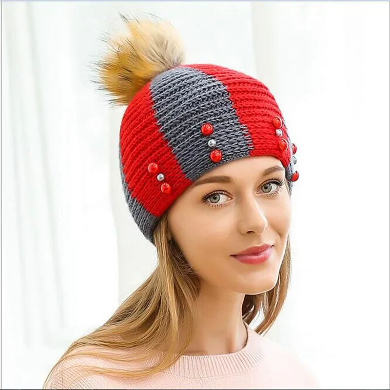 

2016 New Patchwork Pattern Autumn Winter Wool Hat Pearl Bulb Ski Beanie Keep Warm Outdoor Balaclava Women Knitting Wool Cap