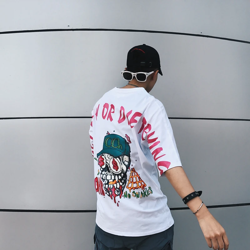 Весенне-летняя хлопковая футболка в стиле хип-хоп, модные черно-белые футболки с принтом в виде черепа, размеры США s-xl