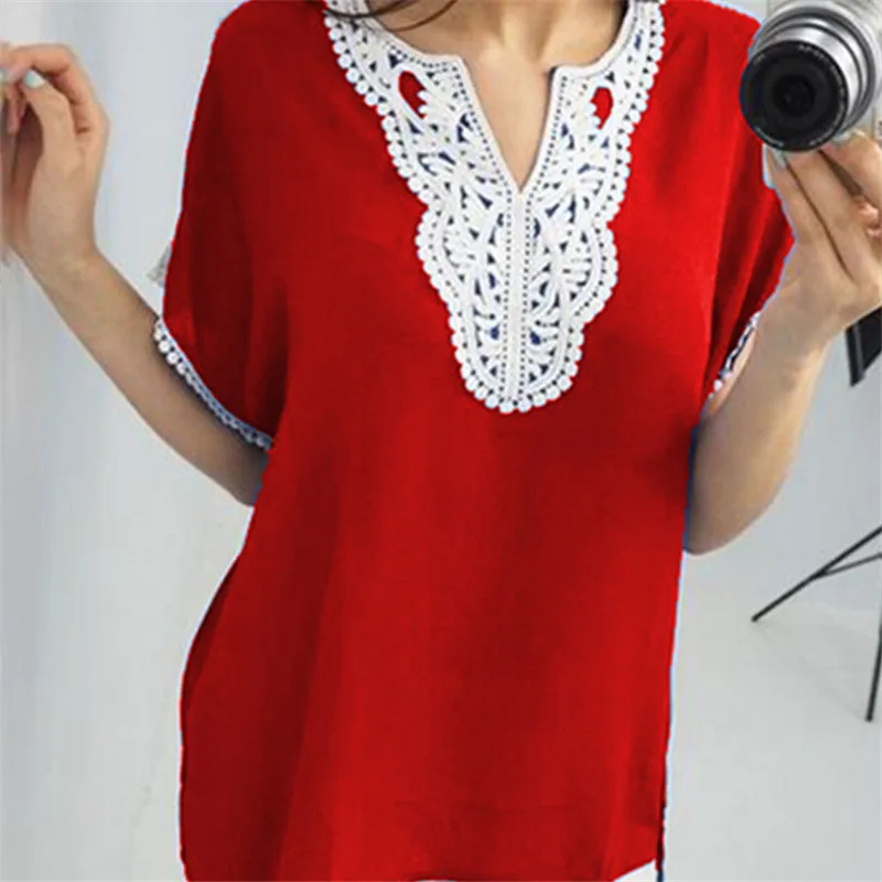 

Women Lace Patchwork Blouse Chiffon Shirt Casual Tops Sexy V-neck Short Sleeve Blouses Ladies Summer Hollow Out Blusas